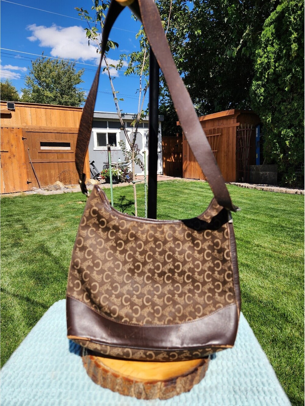 Celine Vintage Brown Signature Canvas and Leather Shoulder Bag
